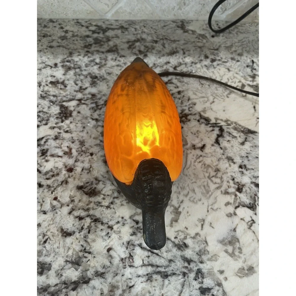 Vtg Duck Mallard Night Light Accent Table Lamp Cast Iron & Amber Glass Ambiance